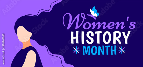 Women’s History Month Illustration. Minimalist Female Silhouette with Long Flowing Hair on Dark Blue Background with Colorful Spring Flowers and Butterfly for March Empowerment Celebration