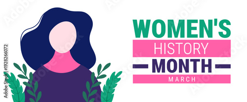 Women's History Month Greeting Graphic. Minimalist Female Silhouette with Long Purple Hair and Blooming Spring Floral Garden on a Dark Navy Blue Background for March Empowerment and Celebration