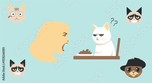 Grumpy Cat and Friends Reacting with Confusion to a Womans Angry Outburst While Considering Their Food Bowl