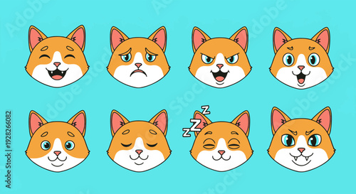 Eight Cartoon Cat Faces Displaying Various Emotions and States Including Joy Sadness Anger Surprise Happiness Sleepiness and Excitement Against a Vibrant Blue Background