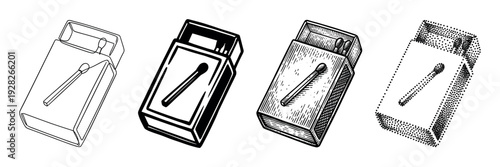 Collection of four matchbox illustrations demonstrating various graphic styles from clean line art and bold shapes to detailed engraving and stippling
