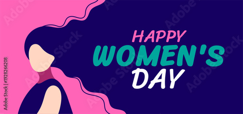 Happy Women's Day Illustration. Modern Female Silhouette with Long Flowing Hair Graphic on a Two-Tone Pink and Dark Navy Blue Background for March 8th International Celebration and Empowerment