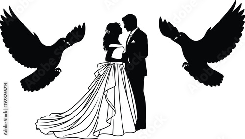 Wedding couple silhouette with bride and groom and flying pigeons birds vector illustration for marriage romantic love and ceremony concepts