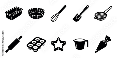 Ten black silhouette icons of various baking utensils like a loaf pan, cookie cutter, piping bag, and sieve, presented as a graphic set for kitchen-themed projects