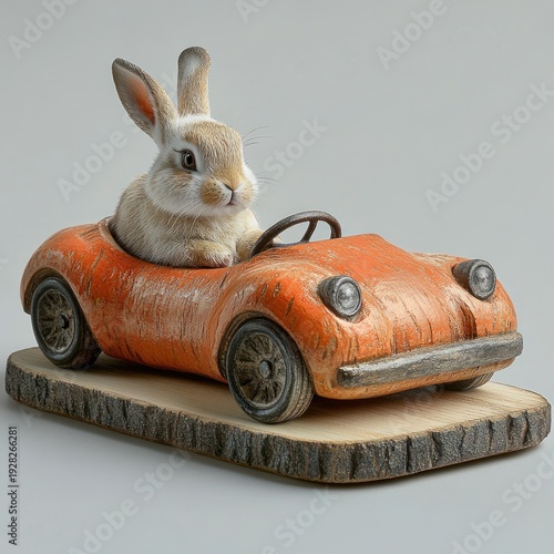 A cute rabbit navigates a delightful orange wooden car, sparking joy and imagination
