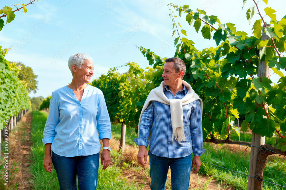 Naklejka premium Caucasian senior woman and Caucasian senior man walking together through vineyard rows, smiling at each other, enjoying outdoor activity surrounded by green grapevines