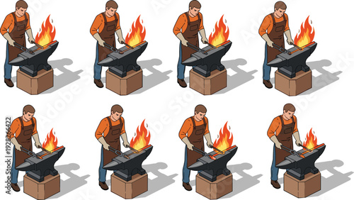 Blacksmith Character Vector Set Featuring a Metalworker Forging Hot Iron on an Anvil With Fire for Industrial and Craftsmanship Designs