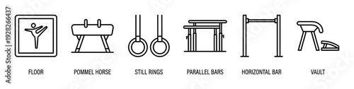 Set of six artistic gymnastics apparatus icons showing floor, pommel horse, still rings, parallel bars, horizontal bar, and vault in a clean black line art style for sports concepts