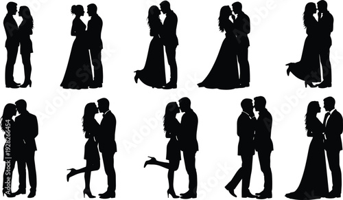 Wedding couple silhouettes set with bride and groom in various romantic poses kissing and hugging vector icons collection isolated on white