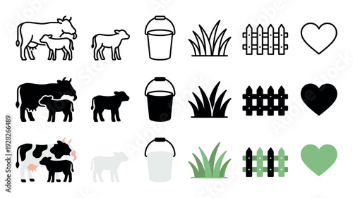 Set of farming and livestock icons showing a cow, calf, pail, grass, and fence, designed in three distinct graphic variations including outline, black silhouette, and simple color