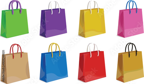 Shopping bag vector illustration set, colorful retail packaging design with diverse handles and styles, merchandising graphic art, branding concept, modern lifestyle commerce resource