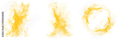 Vibrant yellow smoke clouds isolated on transparent background with dynamic shapes