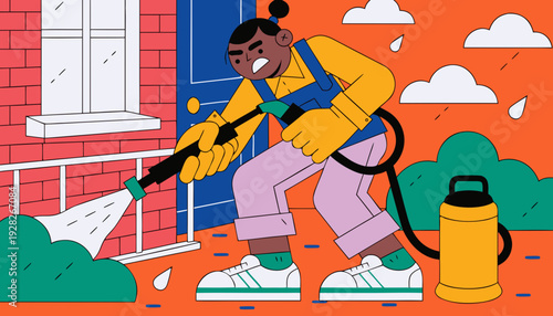 Woman using pressure washer to clean house exterior with garden  