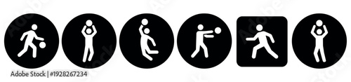 Six black and white basketball player icons showing different actions like dribbling, shooting, and jumping in a minimalist pictogram style for sports and recreation concepts