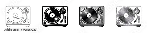 Collection of four turntable illustrations rendered in diverse black and white artistic techniques like line art, bold ink brush, detailed engraving, and stippling