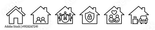Set of black linear house icons representing family life, home security, love, relationships, and cozy comfort in a simple minimalist outline style for various concepts