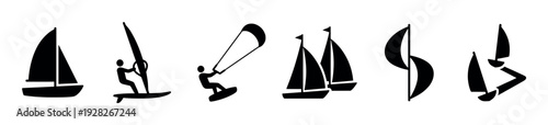 Black silhouette icons set of different sailing and water sports activities like yachting, windsurfing, and kitesurfing presented as a collection of minimalist graphic symbols