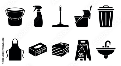 Collection of black cleaning service icons including a mop, bucket, spray bottle, and trash can for janitorial and housekeeping concepts in a simple graphic vector style