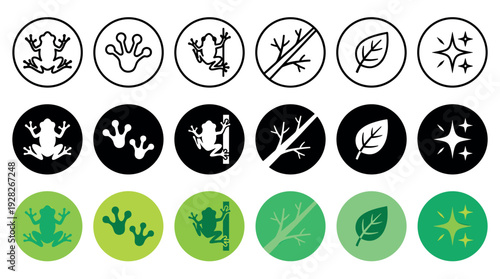 Collection of various frog and nature-themed icons presented in outline, silhouette, and colored styles, depicting amphibians, leaves, branches, and sparkles with a clean, graphic aesthetic