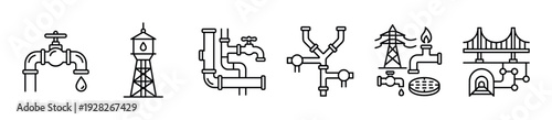 Collection of six minimalist line icons depicting municipal services and city infrastructure like plumbing, water towers, electricity, gas, and transportation