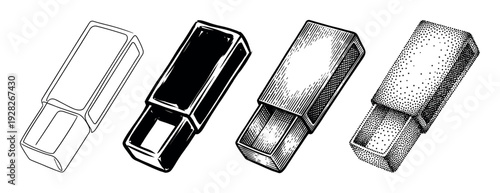 Four empty matchboxes in different artistic styles including line art, silhouette, engraving, and stippling, shown open from a high angle perspective in a vintage illustration set