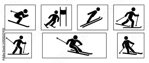 Set of black minimalist skiing icons showing various winter sport disciplines like downhill, slalom, ski jumping, and cross-country skiing in a simple graphic pictogram style