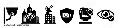 Set of black security surveillance icons including a CCTV camera, urban monitoring, a protection shield, and an eye symbol for video observation and safety systems