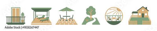 Set of outdoor living flat icons representing backyard relaxation with a balcony, pergola, patio furniture, garden path, and a house with a yard