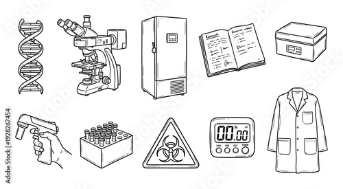 Collection of hand-drawn laboratory equipment illustrations including a microscope, DNA helix, lab coat, and biohazard symbol in a clean black and white doodle sketch style