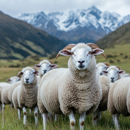 Flock of sheep grazes in a vibrant green meadow under a cloudy sky with snow-capped peaks