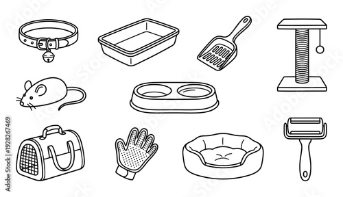 Collection of essential cat care accessories drawn in a simple black and white line art style, including a collar, litter box, food bowl, and scratching post