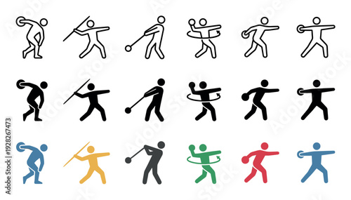 Collection of athletic throwing event icons showing discus, javelin, hammer throw, and shot put in outline, silhouette, and color styles for sports competition concepts