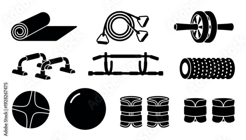 Set of black fitness equipment icons for home workouts and gym training, including a yoga mat, resistance band, ab wheel, push-up bars, and foam roller