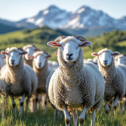 A friendly flock of sheep grazes in a lush field with snow-capped mountains behind them