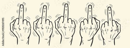 Five hands giving the finger gesture in unison