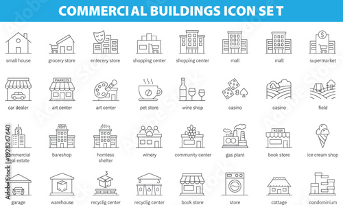 Commercial buildings icon set, outline style, shops, malls, houses, community centers, supermarkets, urban locations, business place symbols collection