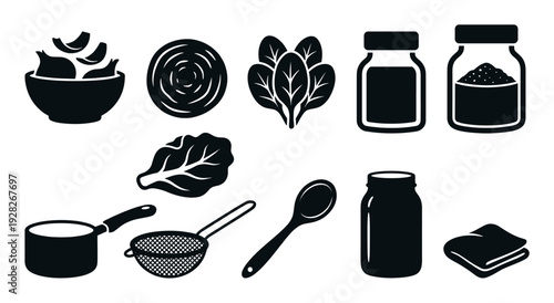 Black silhouette icons of kitchenware and food ingredients including a bowl, onion, spinach, jars, saucepan, and spoon in a minimalist graphic style