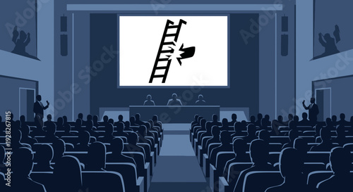 Audience watching a presentation in a cinema with a ladder on the screen.