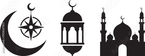 Black and white symbols of crescent moon, compass, lantern, and mosque with domes and minarets