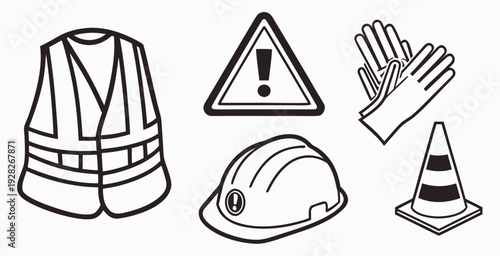 Safety, security icons set. Work helmet, gloves, vest, cone, alarm signs. Caution, warning symbols for personal occupational protection. Flat graphic vector illustrations isolated on white background.