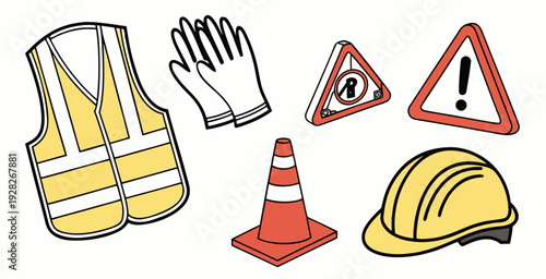 Safety, security icons set. Work helmet, gloves, vest, cone, alarm signs. Caution, warning symbols for personal occupational protection. Flat graphic vector illustrations isolated on white background.