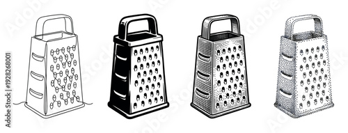 Set of four kitchen box graters shown in various artistic styles, including continuous line art, bold silhouette, vintage engraving, and detailed stippling