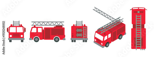 Set of red fire truck illustrations showing multiple views including front, side, back, top, and isometric perspectives in a clean, flat vector design for emergency services