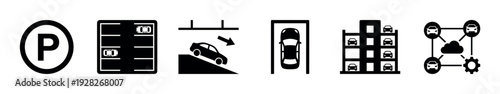 Black glyph icons for car parking services, including a multi-level garage, underground access ramp, parking lot map, and a smart cloud network system for vehicles
