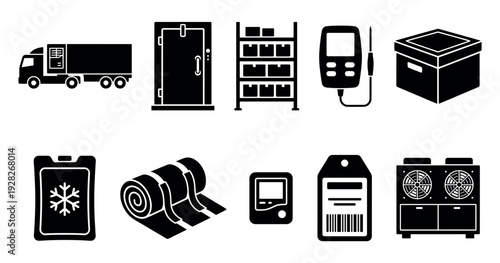 Black silhouette icons for refrigeration and warehouse storage, featuring a delivery truck, cold room door, temperature data logger, barcode tag, and industrial freezer equipment