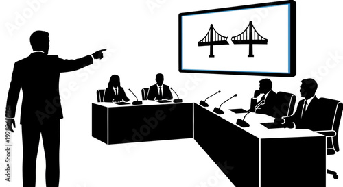 Businessman presenting bridge designs to corporate executives in a meeting room.