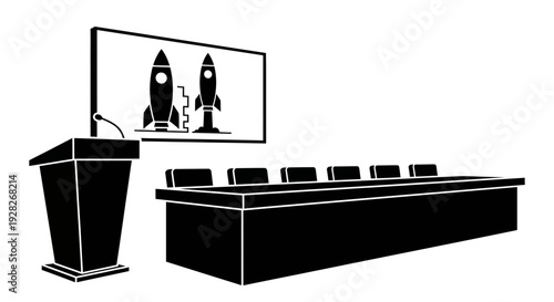 Black and white illustration of a conference room with a podium and screen displaying rockets.