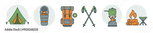 Colorful set of camping and hiking icons showing a tent, sleeping bag, backpack, trekking poles, stove, and campfire in a flat line art illustration style for outdoor adventure concepts