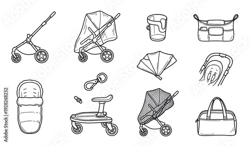 Set of hand-drawn baby stroller accessories including a buggy board, footmuff, organizer bag, and rain cover in a black and white line art doodle style illustration