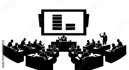 Business meeting with presentation and audience discussion.